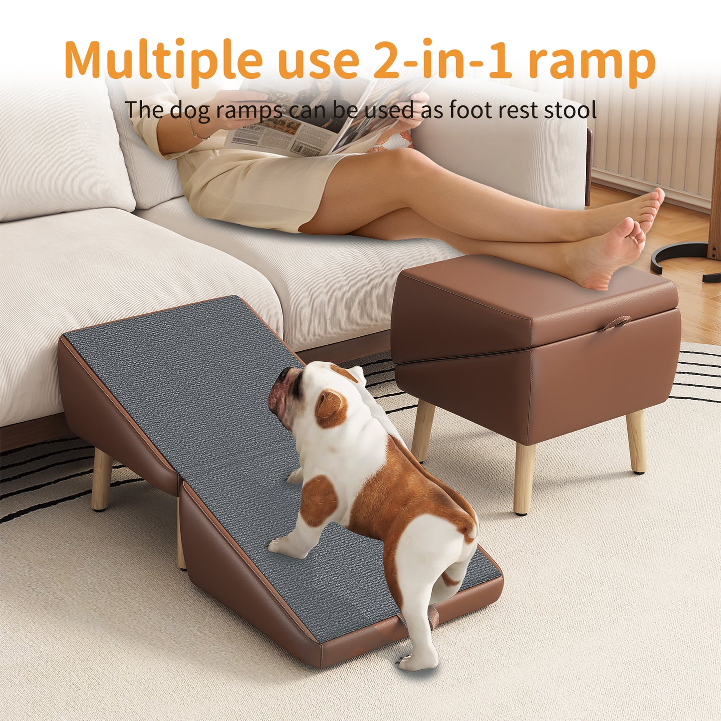 Foldable Dog Stairs for Small Dogs and Cats - Wooden Pet Ramp for Couch & Bed, Brown