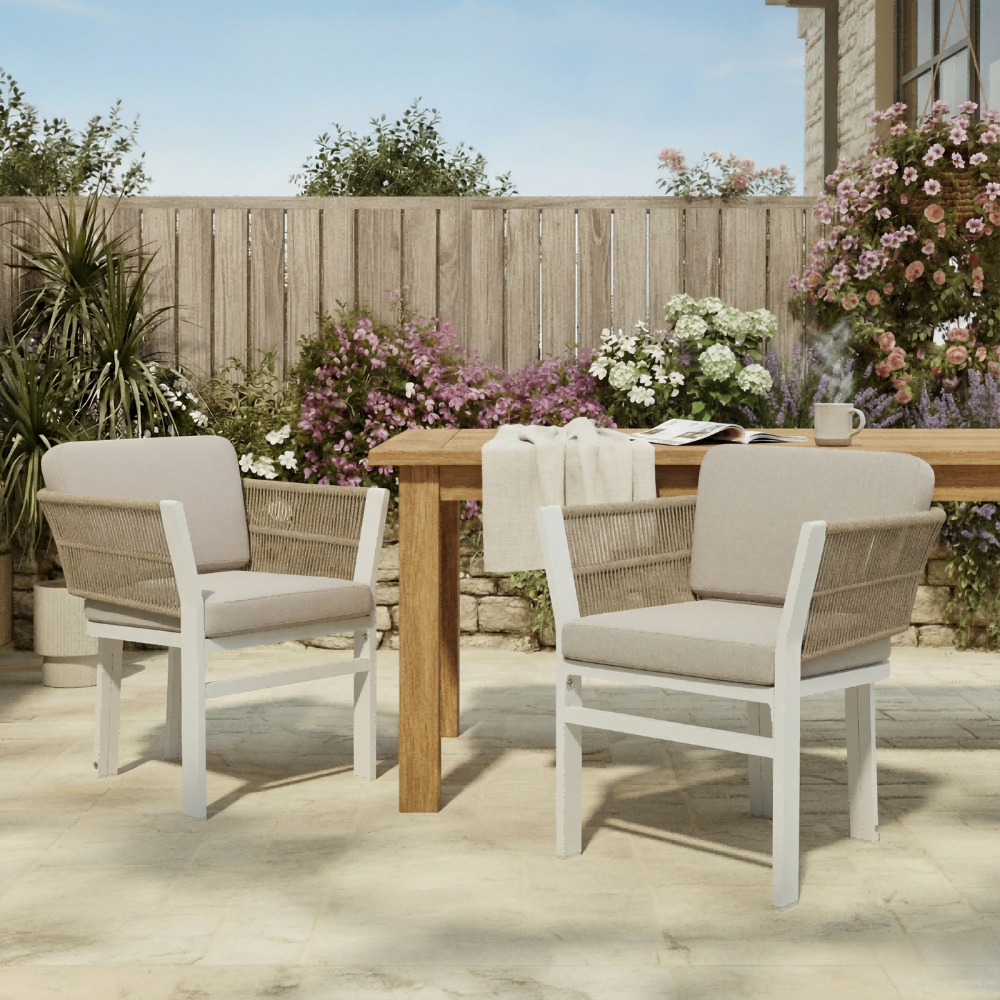 Outdoor Dining Chair Set of 2 - White Frame with Beige Cushions