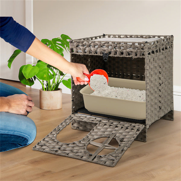 Gray Wicker Cat Condo with Litter Mat & Detachable Cushion - Hidden Enclosure