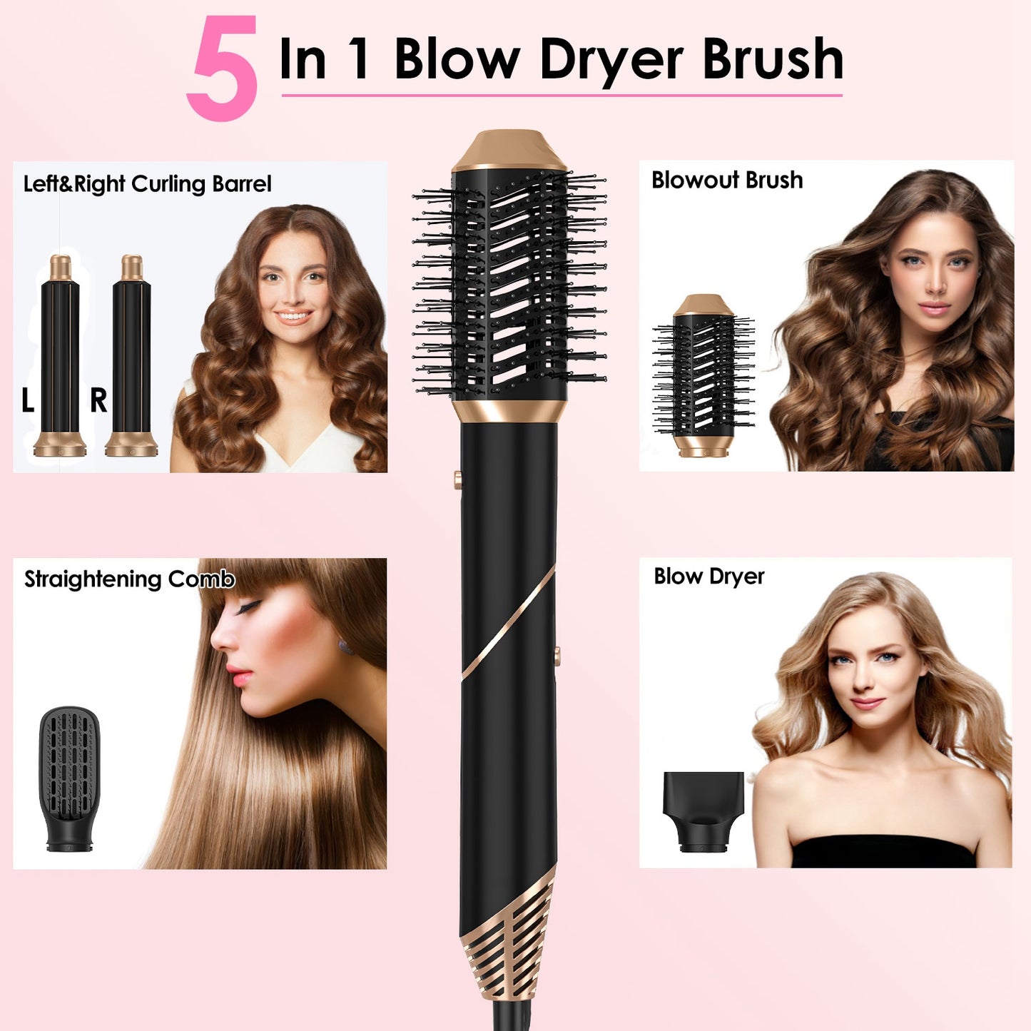 5-in-1 Hot Air Hair Styler & Dryer Brush Set - Black Automatic Wrap Curler