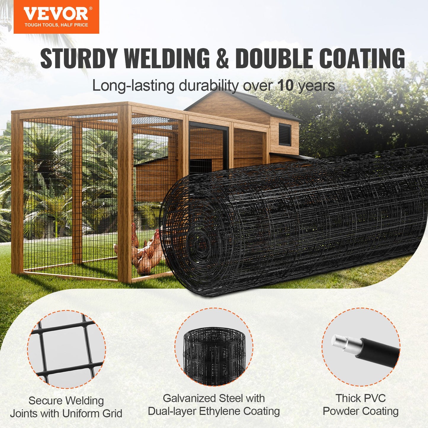 Galvanized Wire Mesh Roll 36x50ft for Fencing Chicken Coop Poultry Garden Black