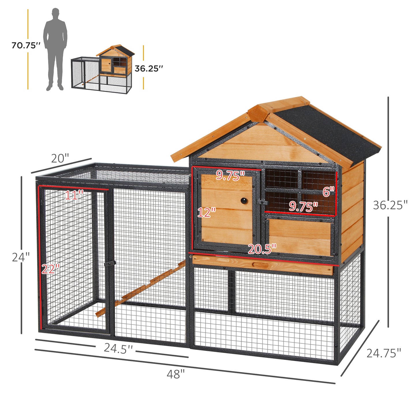 Outdoor Rabbit Cage with Elevated Design & Slide-Out Tray - Natural Wood & Black