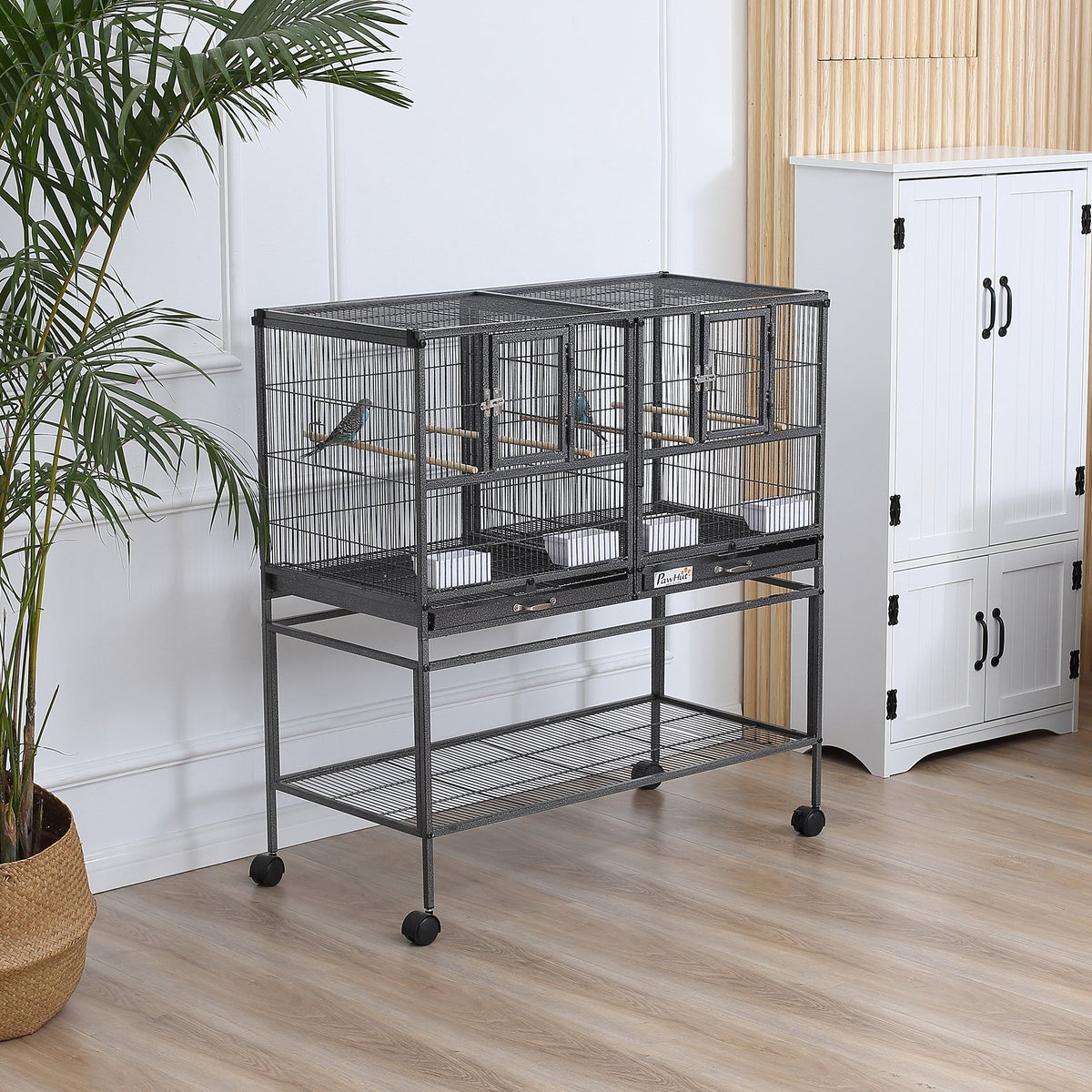 Divided Bird Cage with Rolling Stand, Removable Metal Trays & Storage Shelf