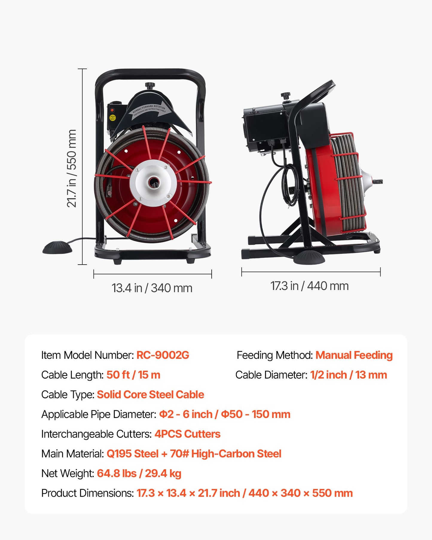Drain Cleaner Machine 50 FT Steel Auger for 2-6 Inch Pipes with Foot Switch