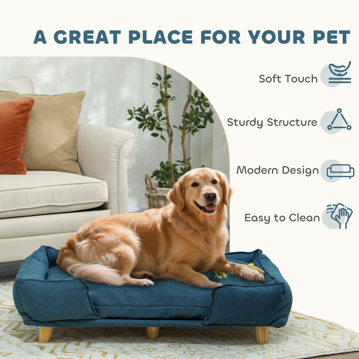 Large Dog Couch Bed with Cushion & Pine Wood Legs - Dark Blue