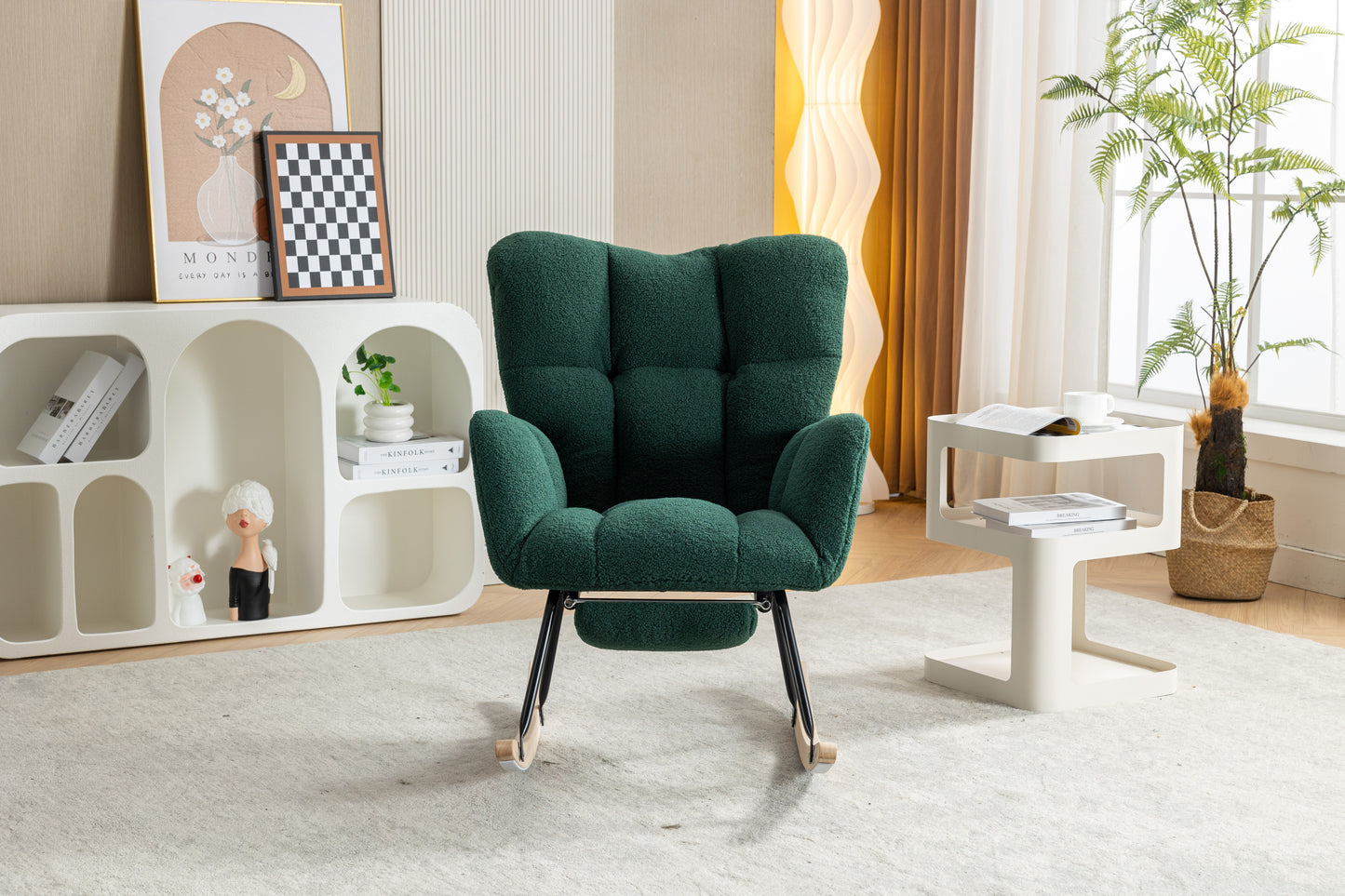 Teddy Fabric Rocking Chair with Adjustable Footstool - Green