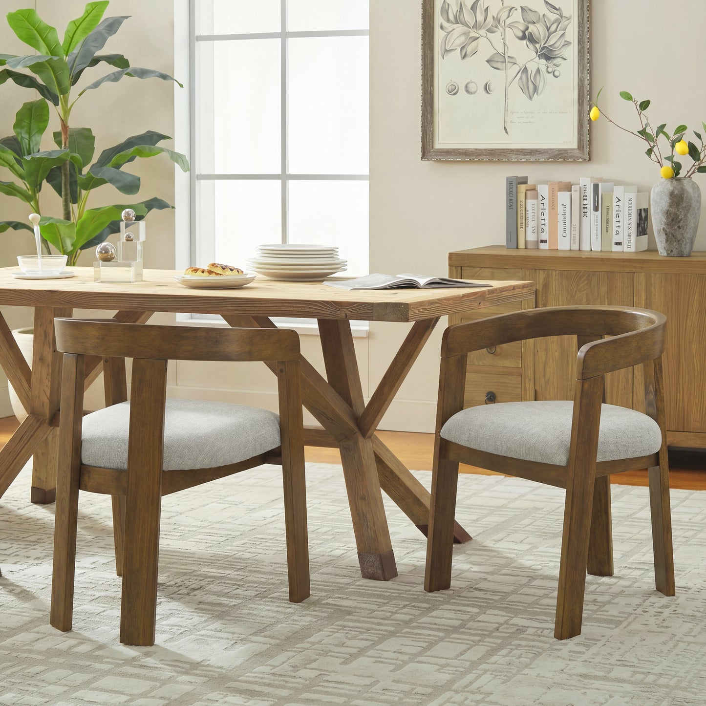 Set of 2 Modern Barrel Dining Chairs - Upholstered Rubber Wood Frame