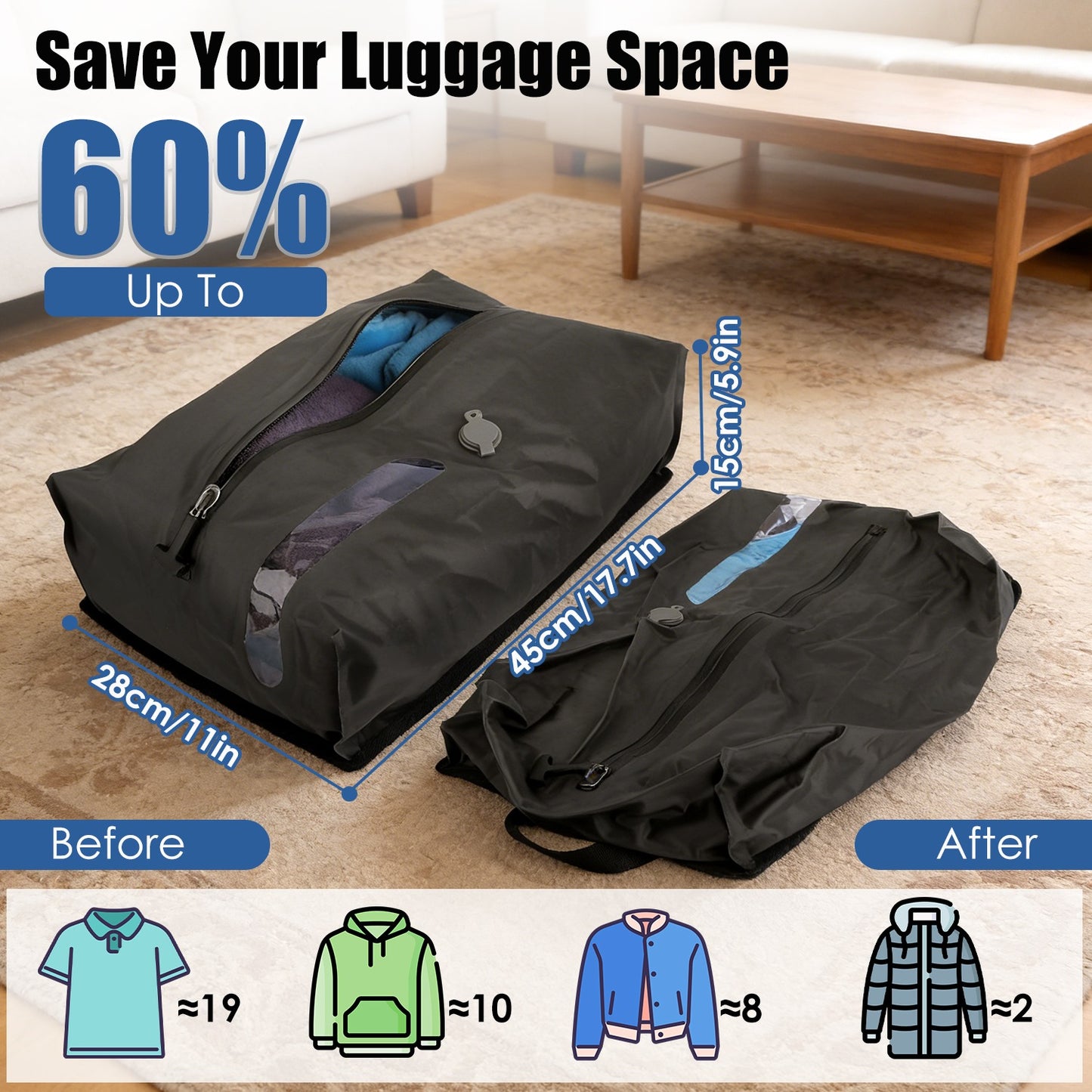 2Pcs 17L Vacuum Bags With Pump Clear Window Handle IP67 Waterproof