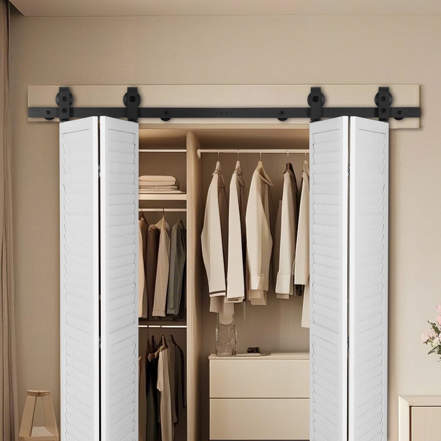 Bi-Folding Barn Door Hardware Track Kit 60 Inch for Heavy Doors - Black