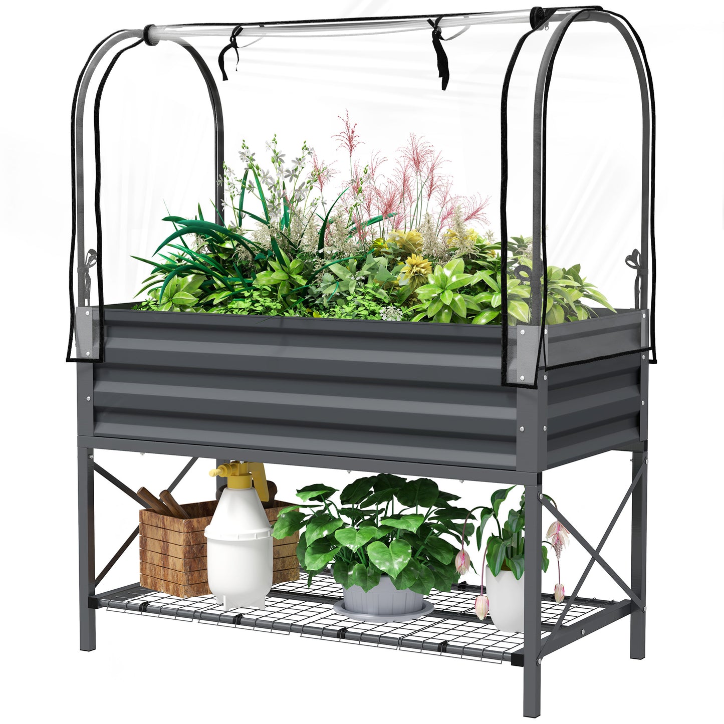 Raised Garden Bed with Cover and Legs - Metal Elevated Planter with Shelf - Dark Gray 1180x370x95mm