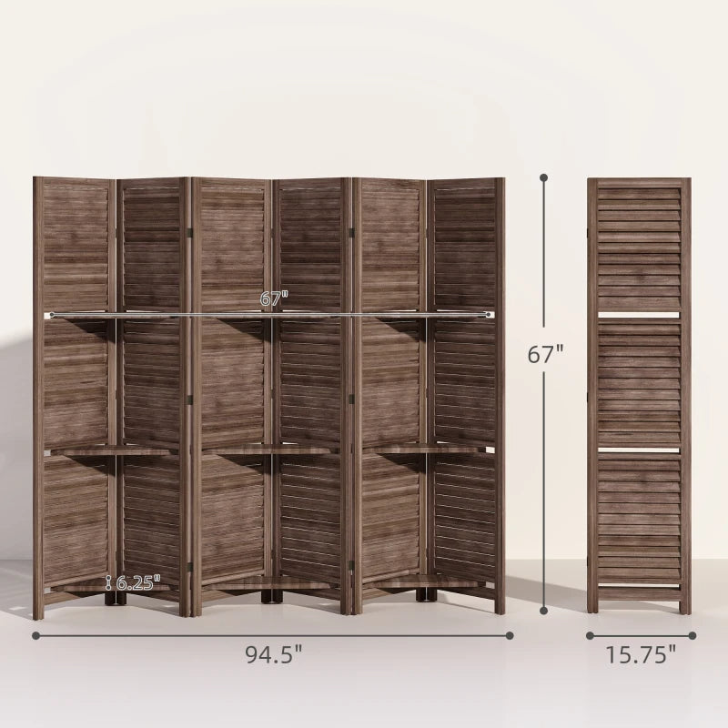 Wood Privacy Screen Room Divider with 3 Shelves - Walnut
