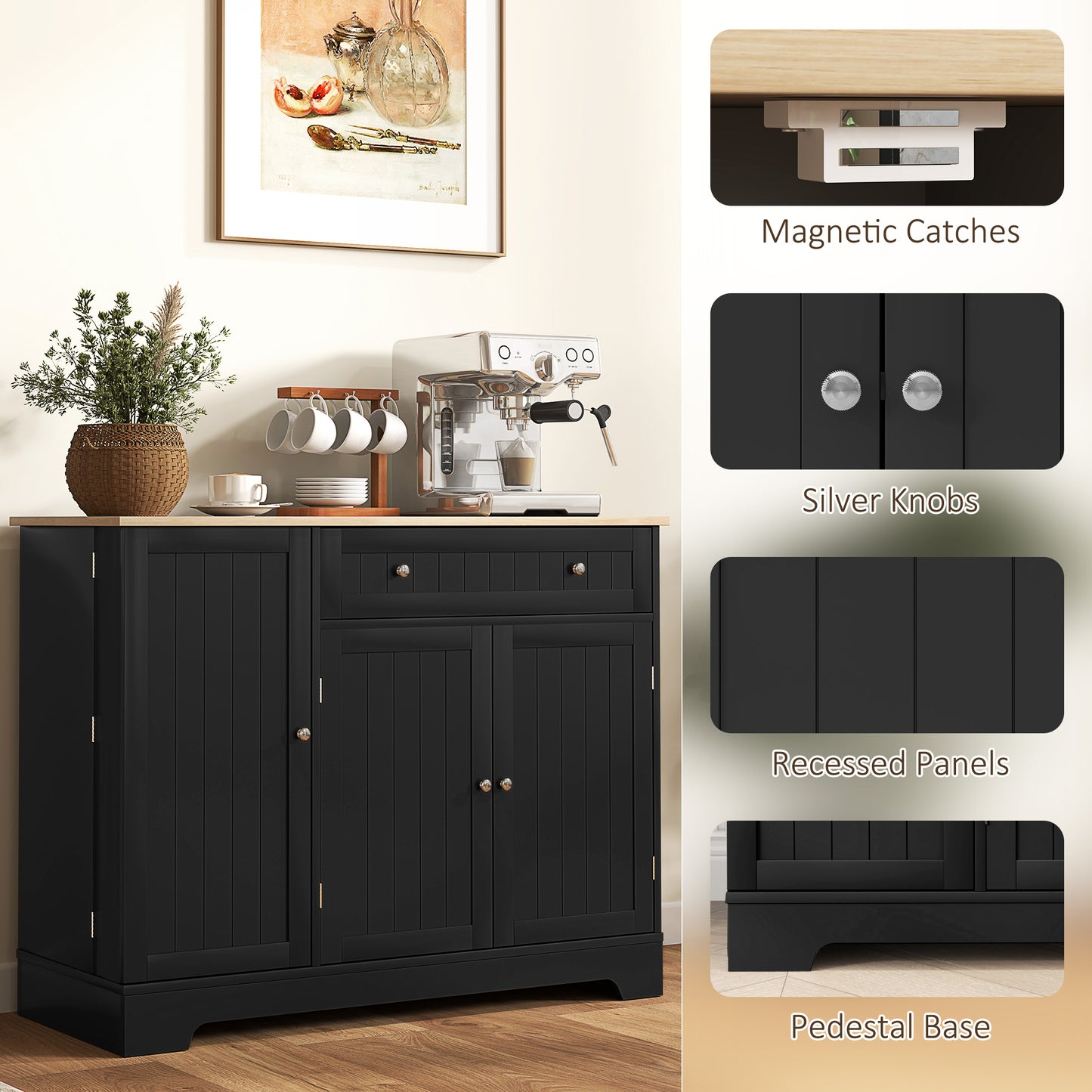 41" Modern Sideboard Cabinet with 3 Doors & Adjustable Shelf - Black