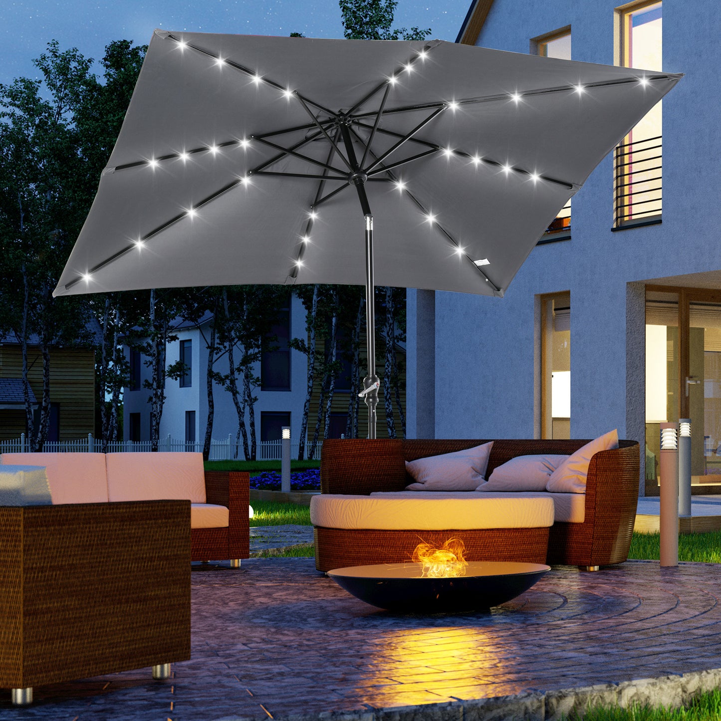 Solar LED Patio Umbrella with Crank & Tilt - Dark Gray