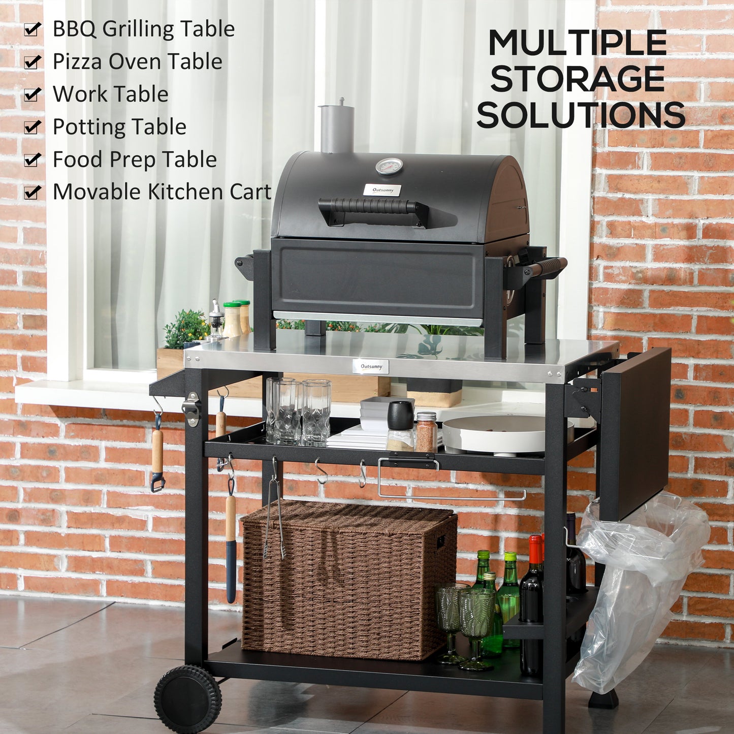 3-Shelf Outdoor Grill Cart with Foldable Side Table - Black