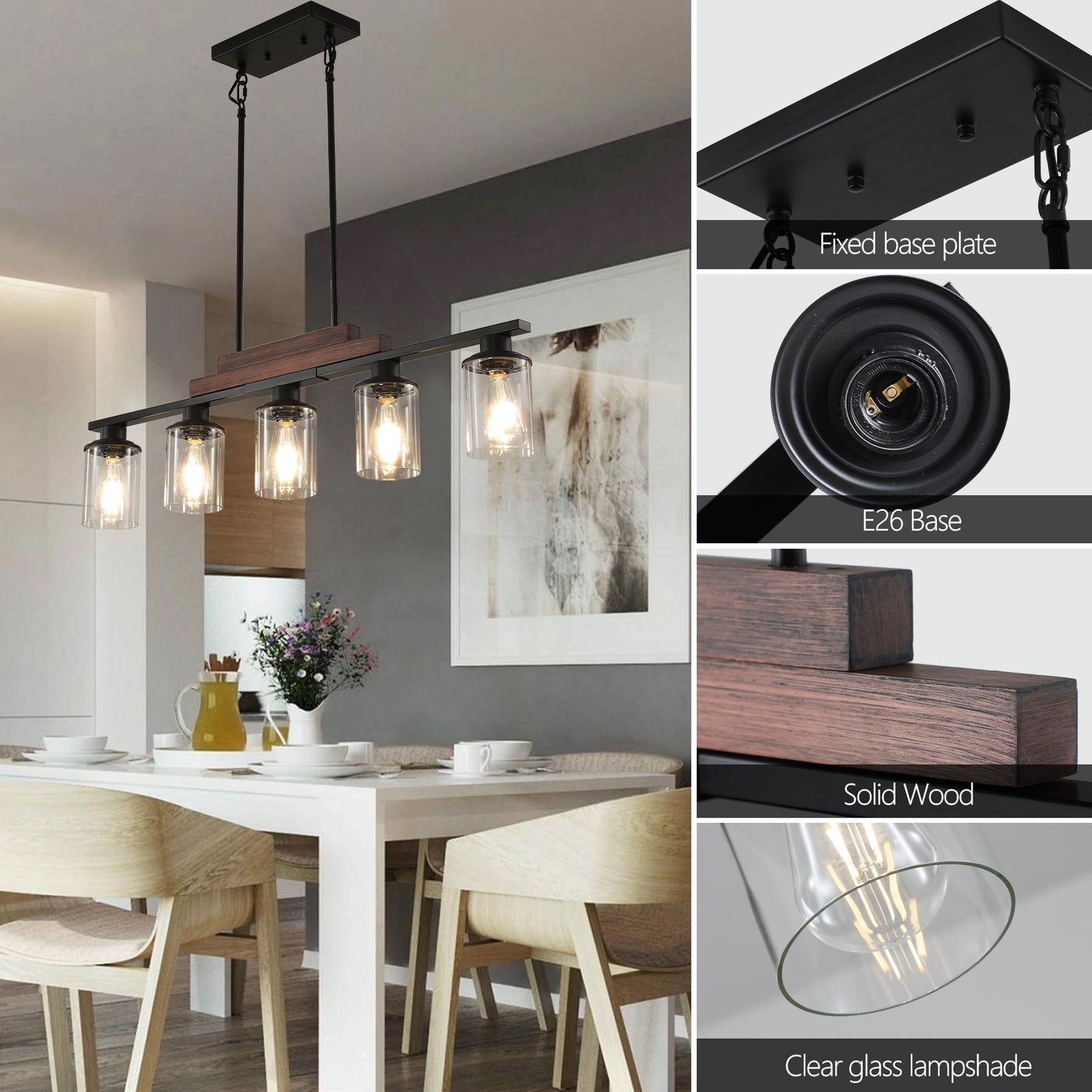 Industrial Farmhouse 5-Light Pendant Chandelier - Adjustable Height