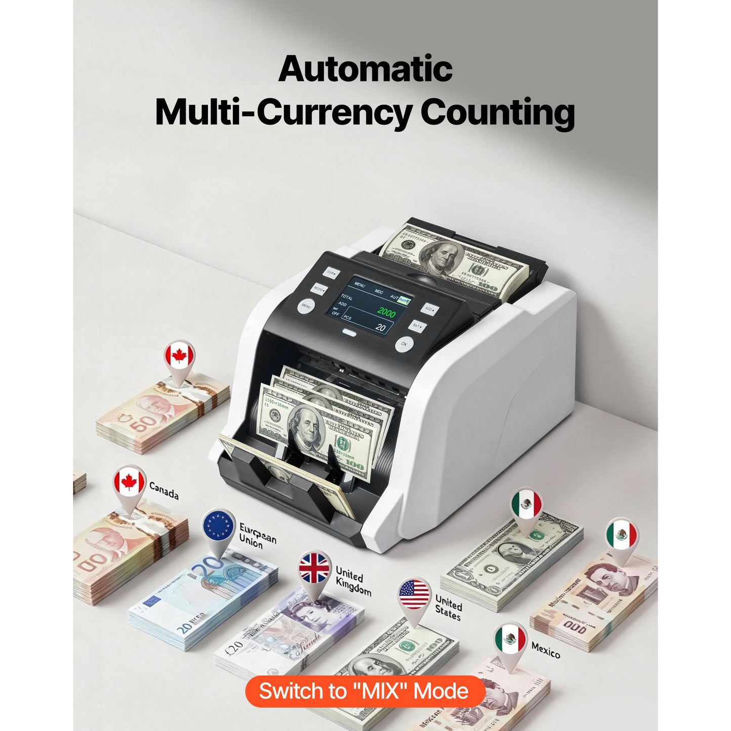 Money Counter Machine 1200 Notes/Min with Fake Detection for Dollar & Euro