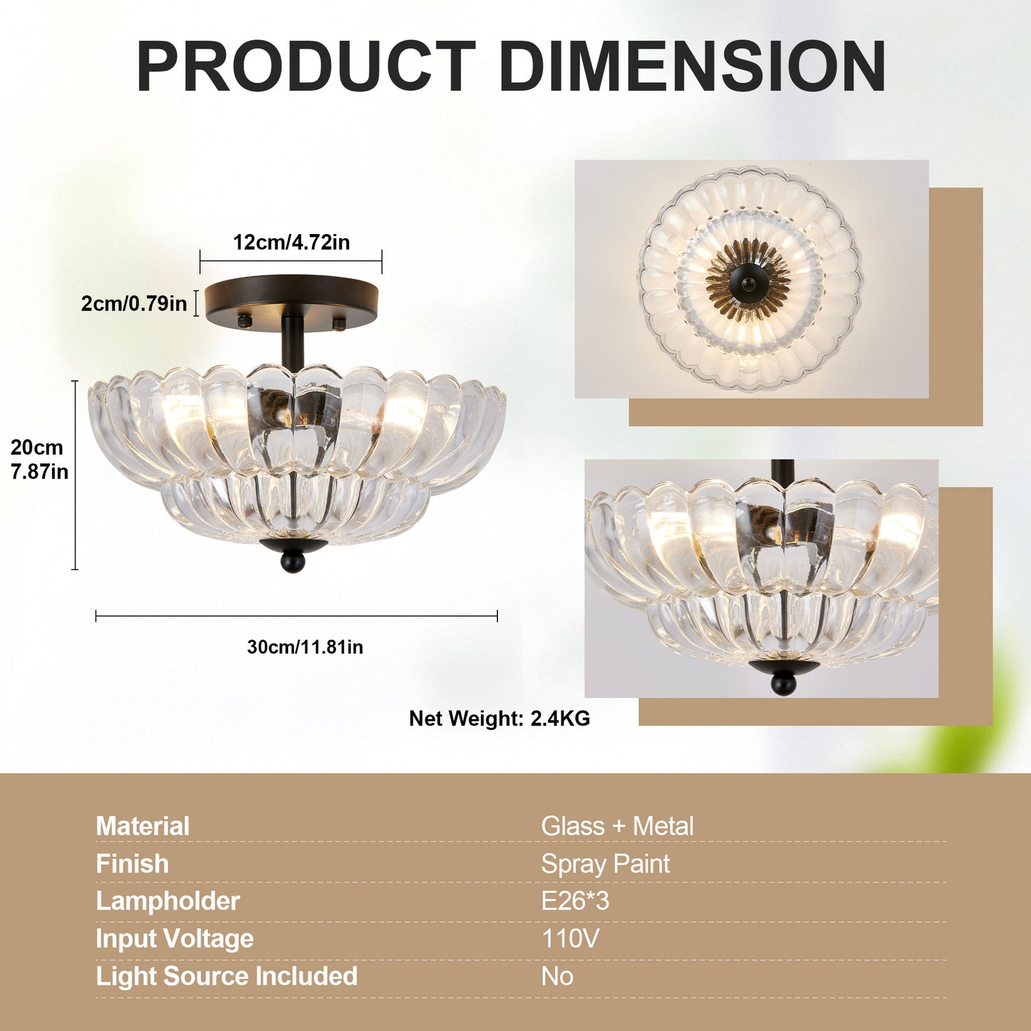 3-Bulb Semi Flush Mount Ceiling Light with Floral Glass Shades - Smoky Gray & Clear Variants