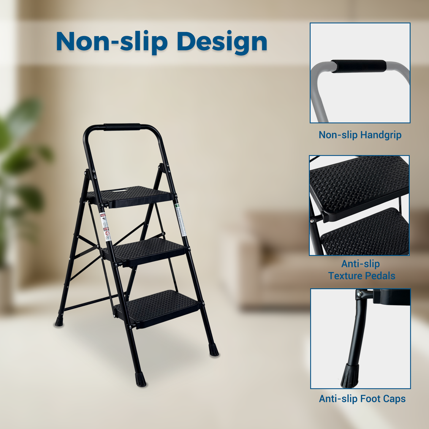 3-Step Folding Step Ladder with Anti-Slip Pedals - Black