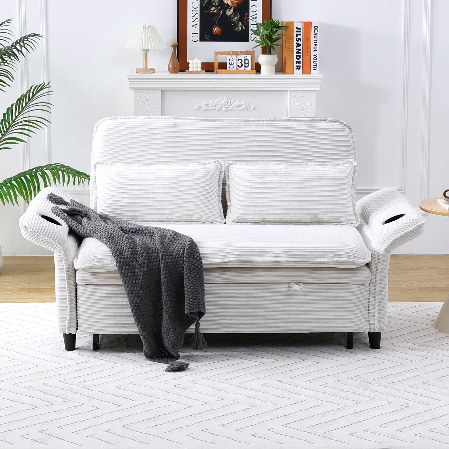 Multi-functional Beige Striped Sofa Bed with Adjustable Armrests