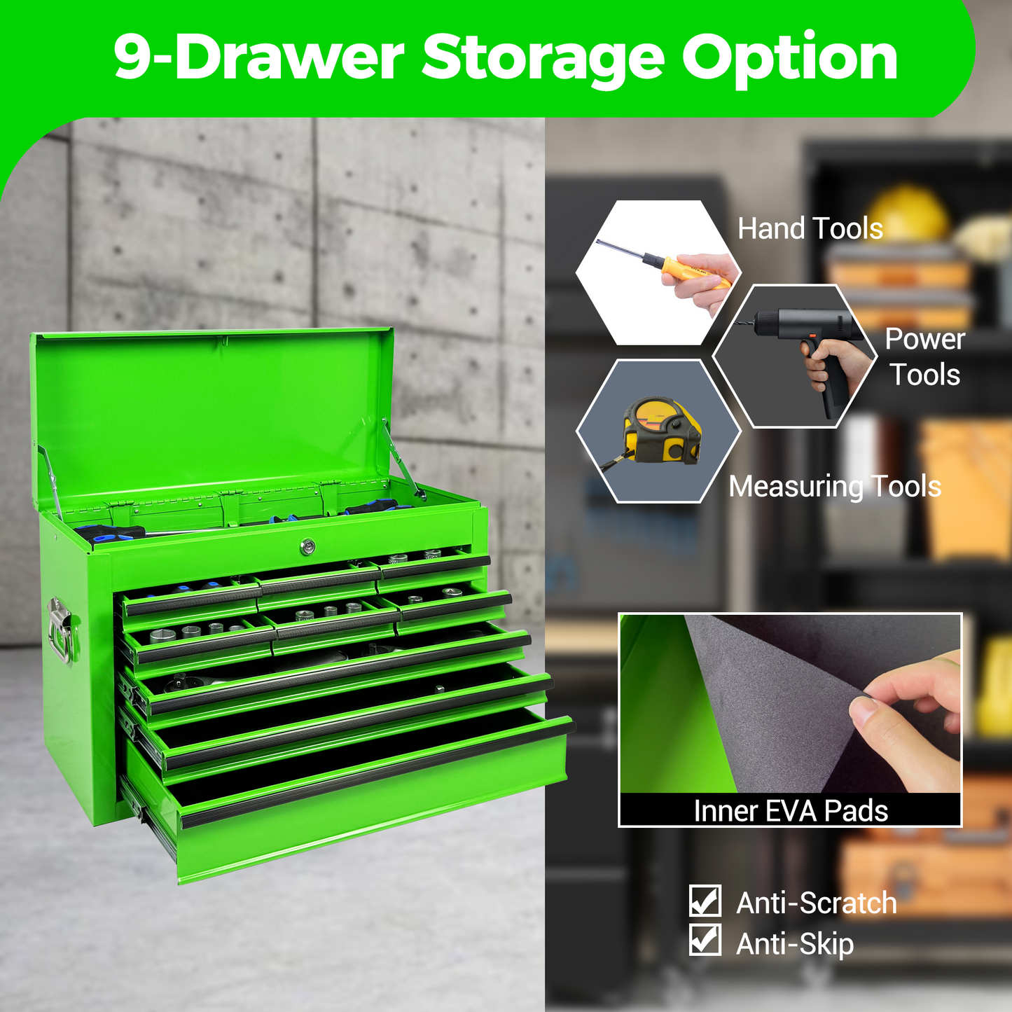 Heavy Duty Metal Tool Box 24 Inch with 9 Drawers - Portable Steel Organizer in Green