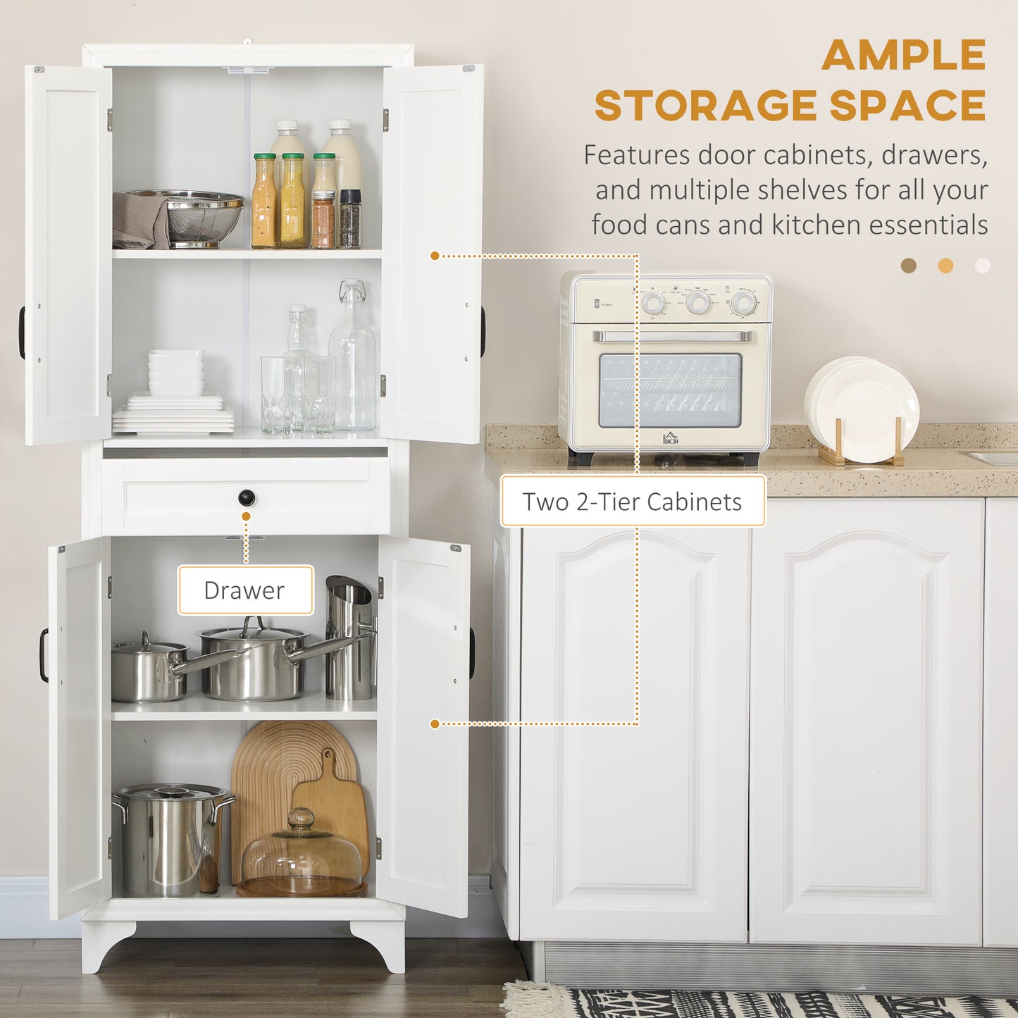 67-Inch White Kitchen Pantry with Drawer & Adjustable Shelves