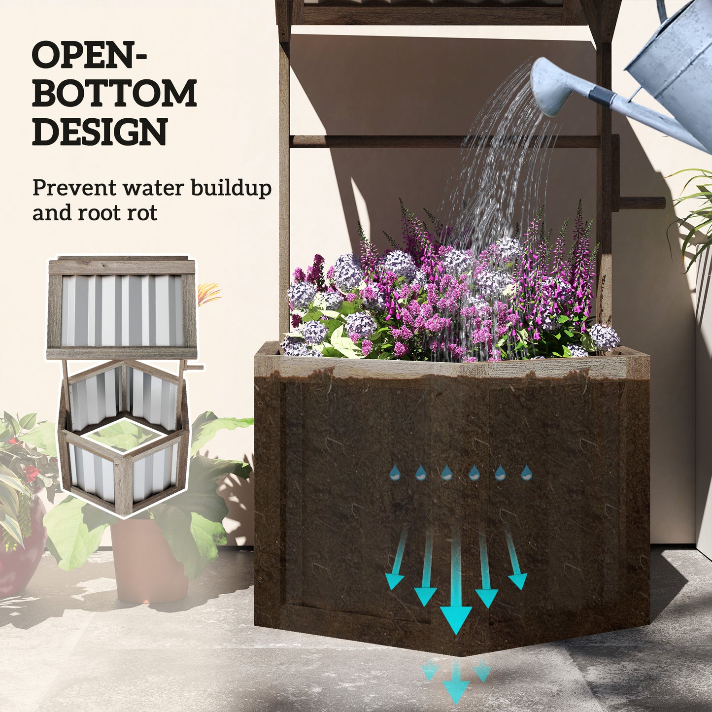 Wooden Wishing Well Planter, Raised Garden Bed With Galvanized