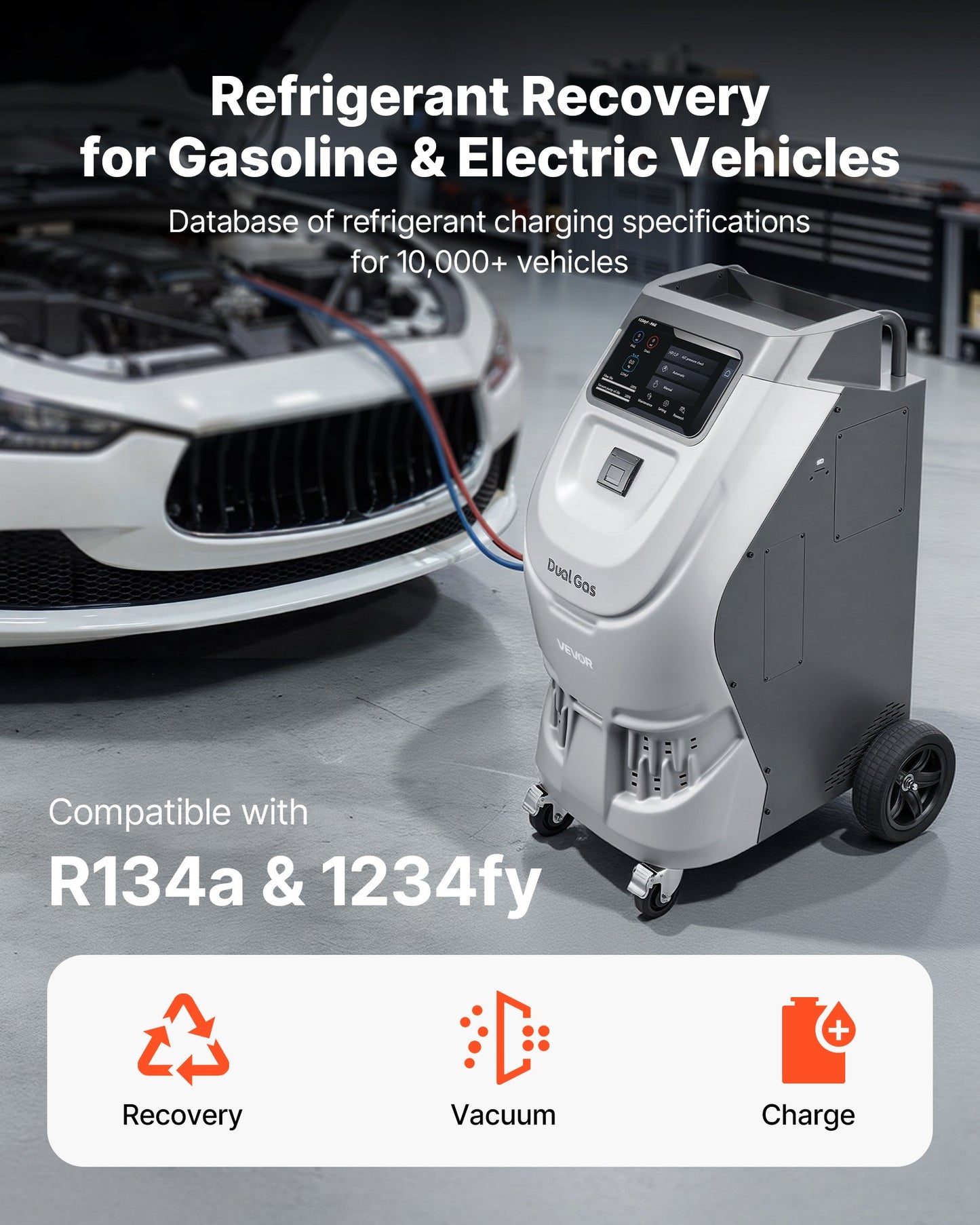 Automatic Refrigerant Recovery Machine for Automotive A/C R134a & 1234fy - 98.5% Accuracy, 10-Inch Touch Screen, Vacuum & Recharging