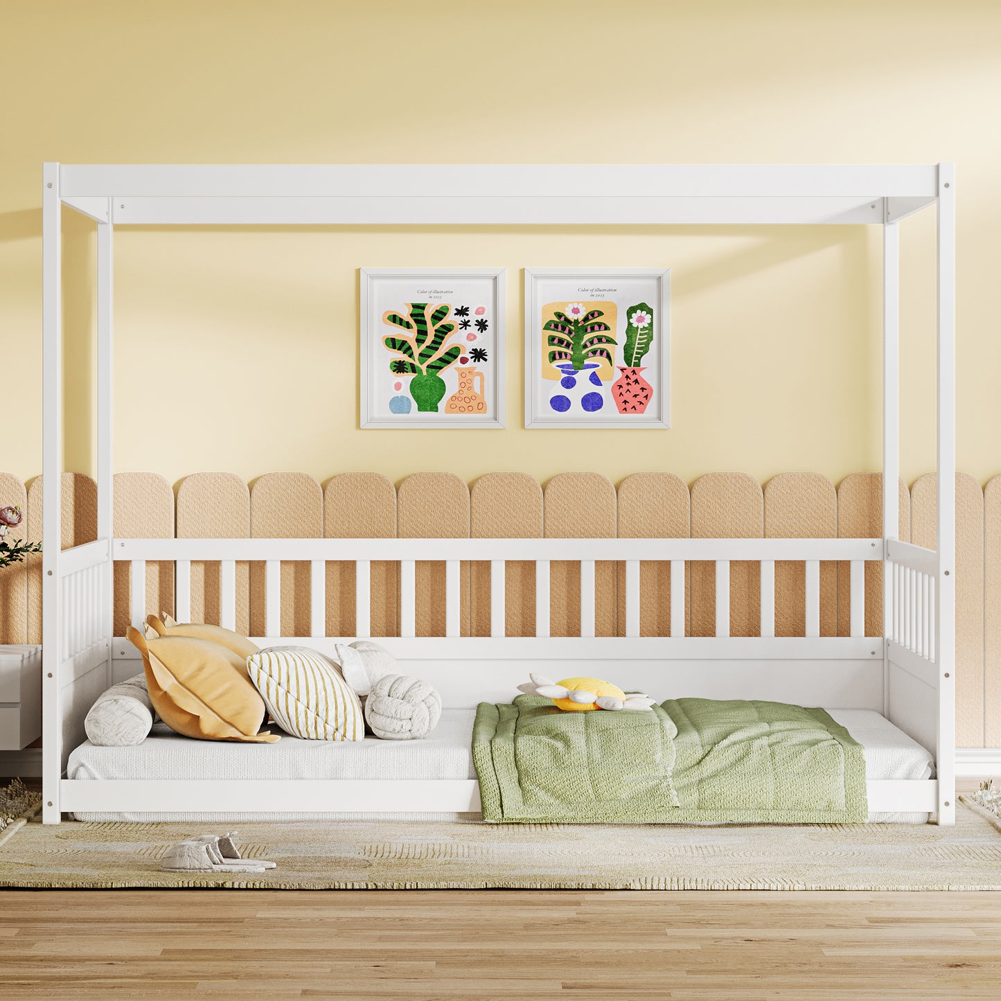Twin Size Canopy Bed Frame with Guardrails - White
