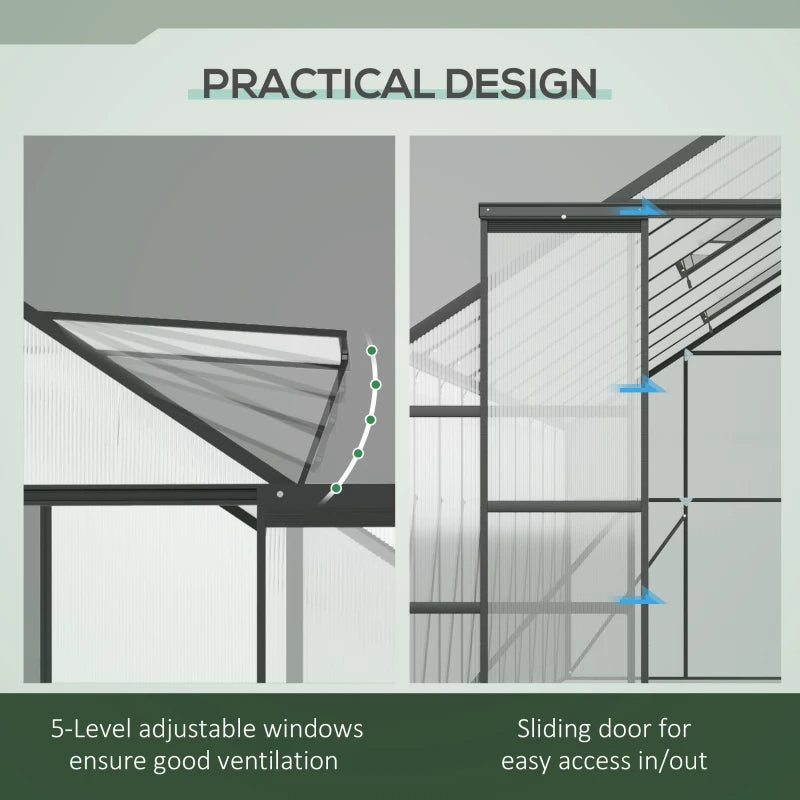 Aluminum Walk-In Greenhouse Kit with Polycarbonate Panels & Adjustable Roof Vent - Black or Clear