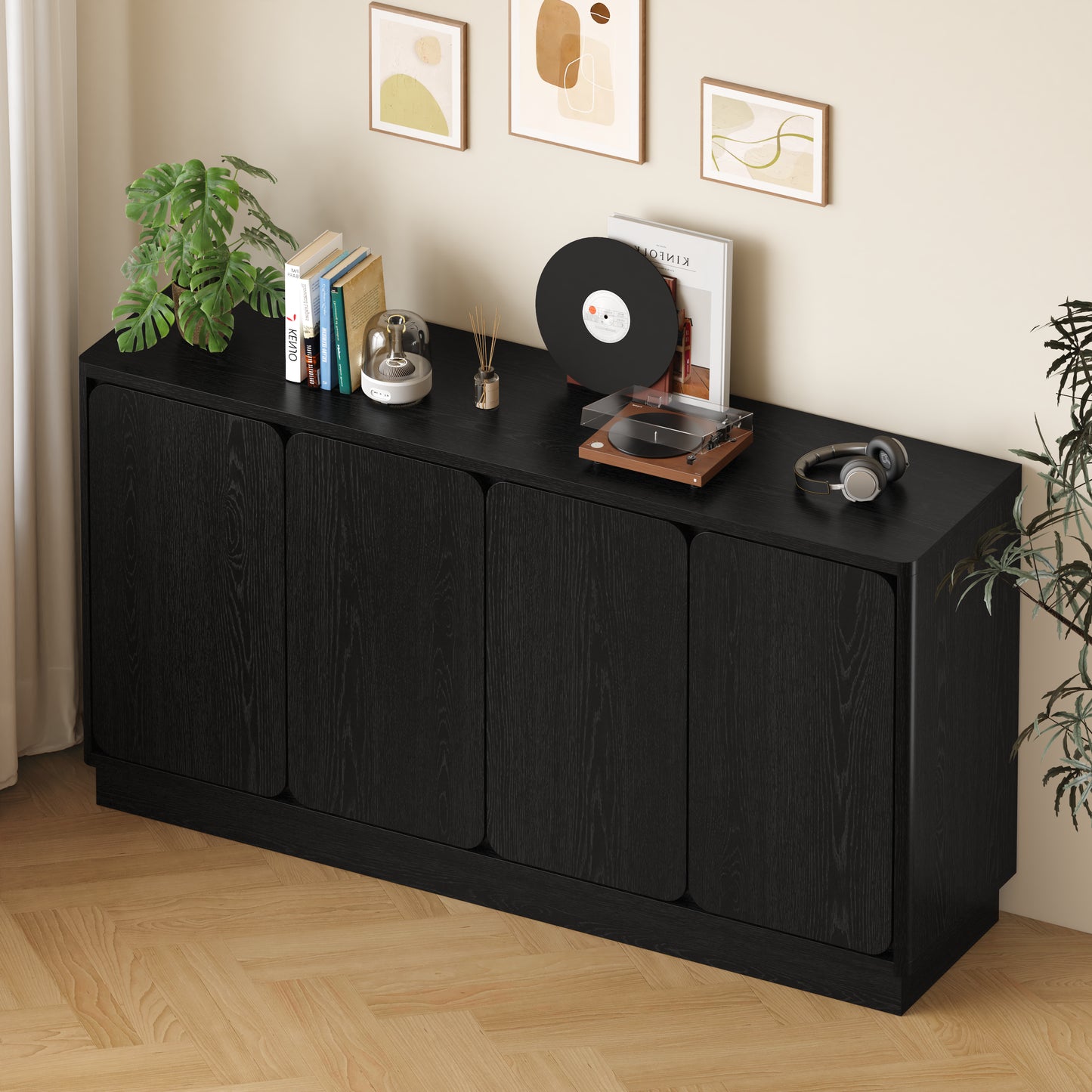 59.1-Inch Black 4-Door Sideboard Buffet Cabinet with Adjustable Shelves