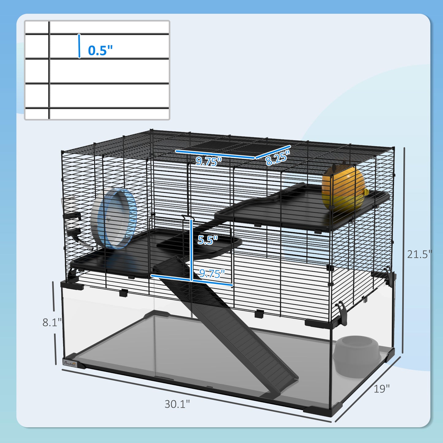 30-Inch Hamster Cage with Glass Basin, Multi-Level Small Pet Enclosure