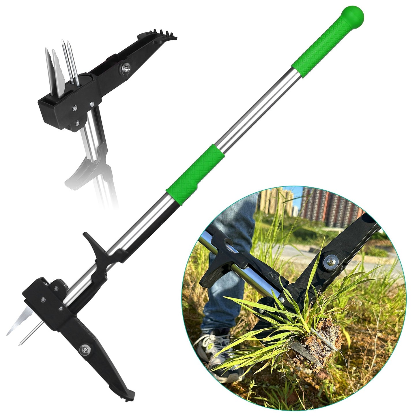 Standing Weed Puller Tool with 4 Claws - Garden Lawn Yard Weeder, Green