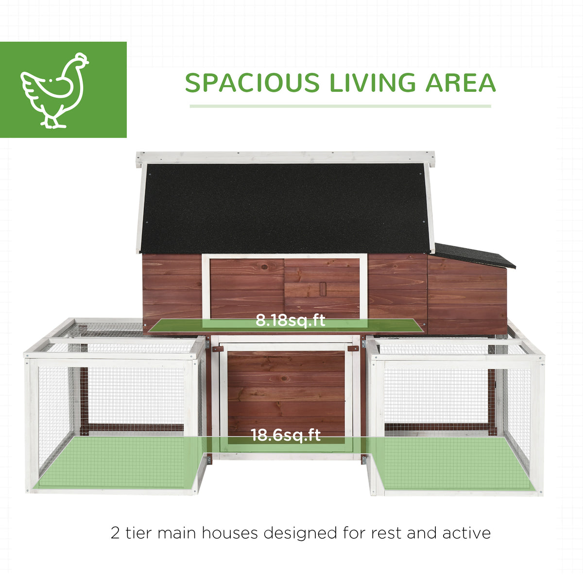 Wooden Chicken Coop with Nesting Box & Ramp - Outdoor Poultry Cage, Double Runs