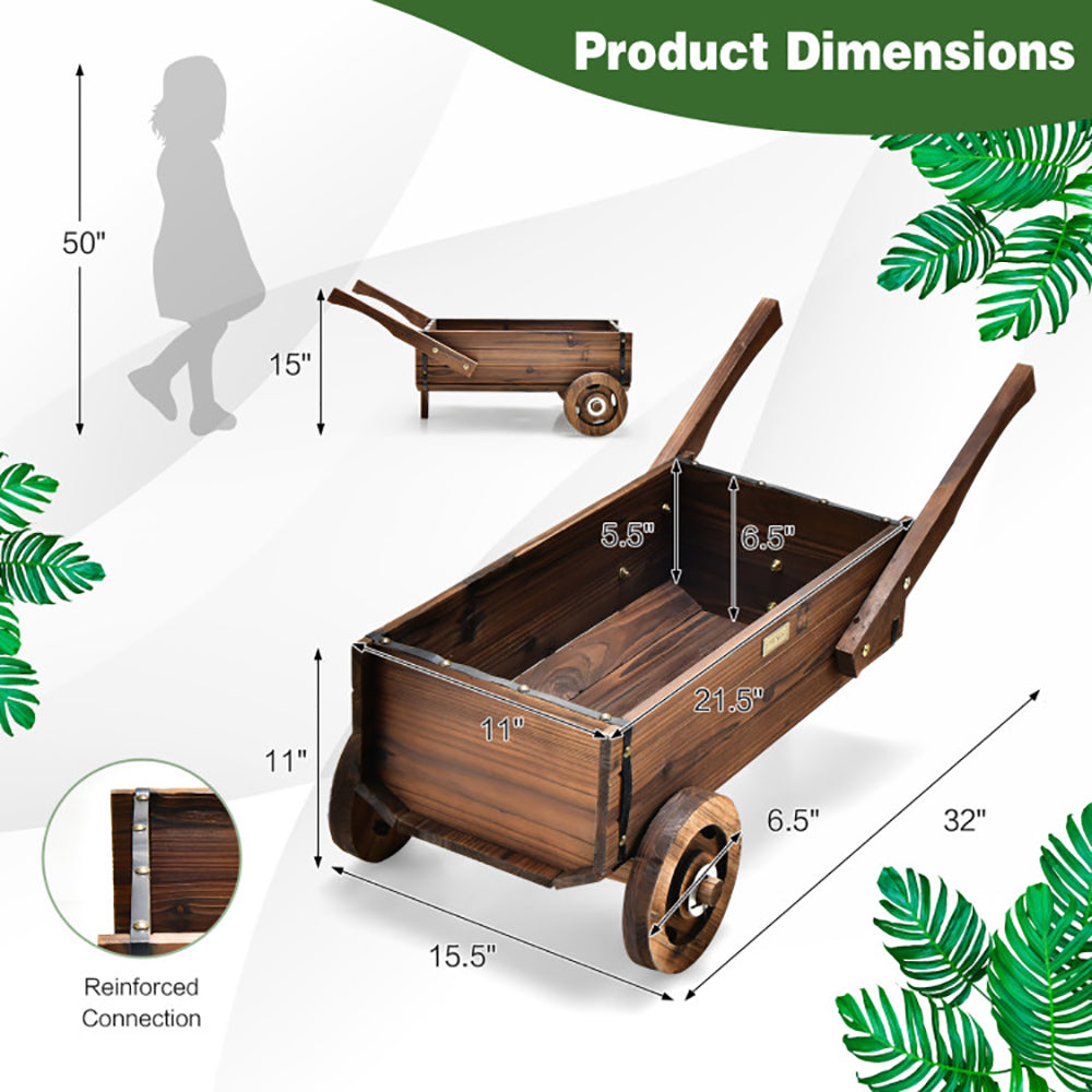 Wooden Wagon Planter Box with Wheels and Drainage Hole - Rustic Brown Garden Decor