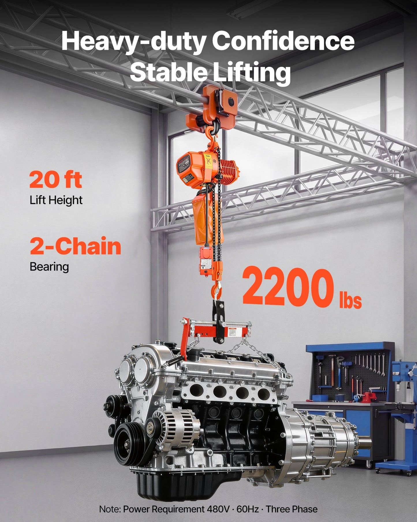 2200 Lb Electric Chain Hoist with 20 Ft Lift Height - Wireless & Wired Remote