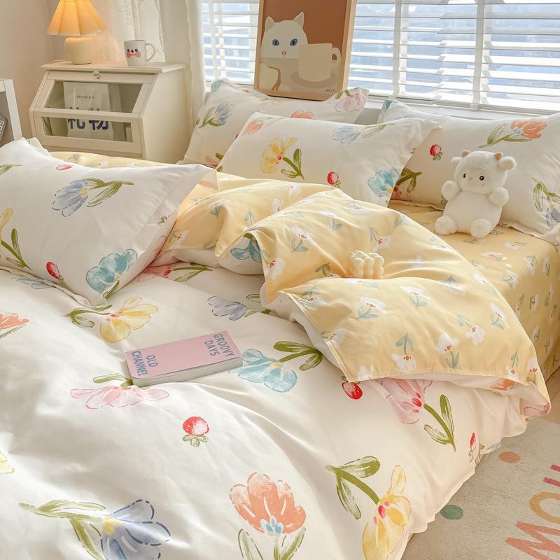 Cotton Bedding Set - Four-Piece Quilt Cover & Sheets with Skin-Friendly Sanded Finish