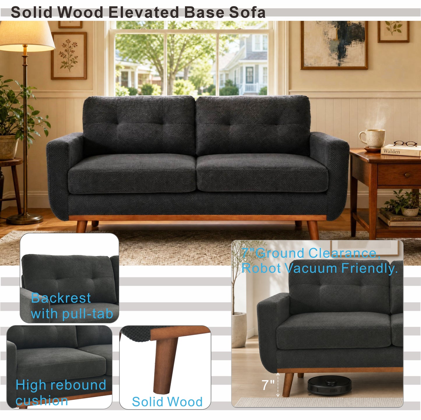 65-Inch Modern Minimalist Two-Seater Sofa - Dark Grey