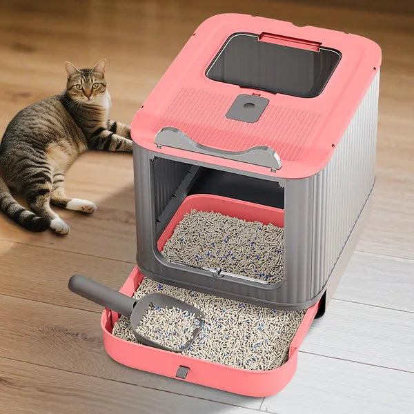 Elevated Leak Proof Cat Litter Box Pink Elf Design Durable & Spacious