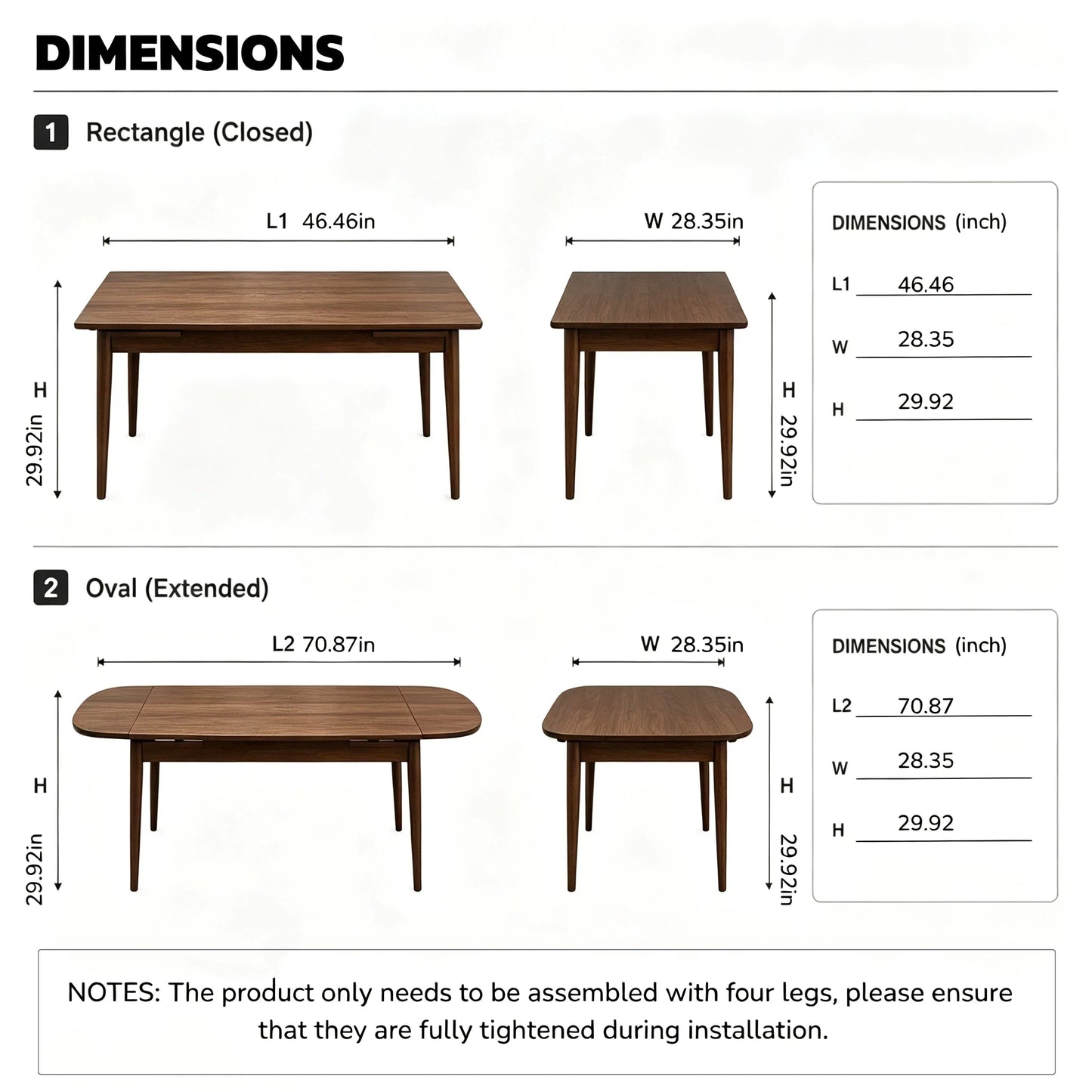 Extendable Solid Wood Dining Table for 4-10 People - Walnut
