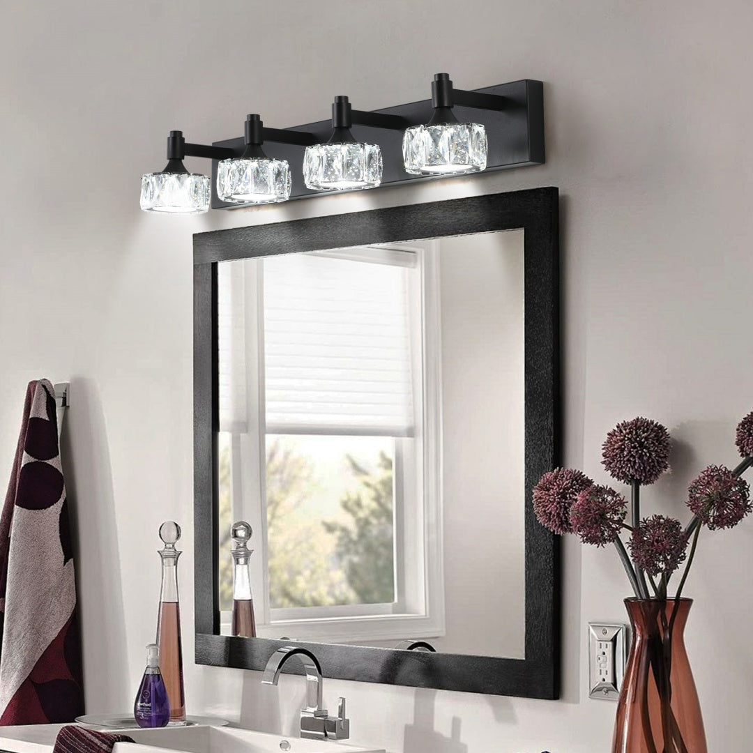 4-Light Matte Black LED Vanity Light Fixture with Crystal Shades