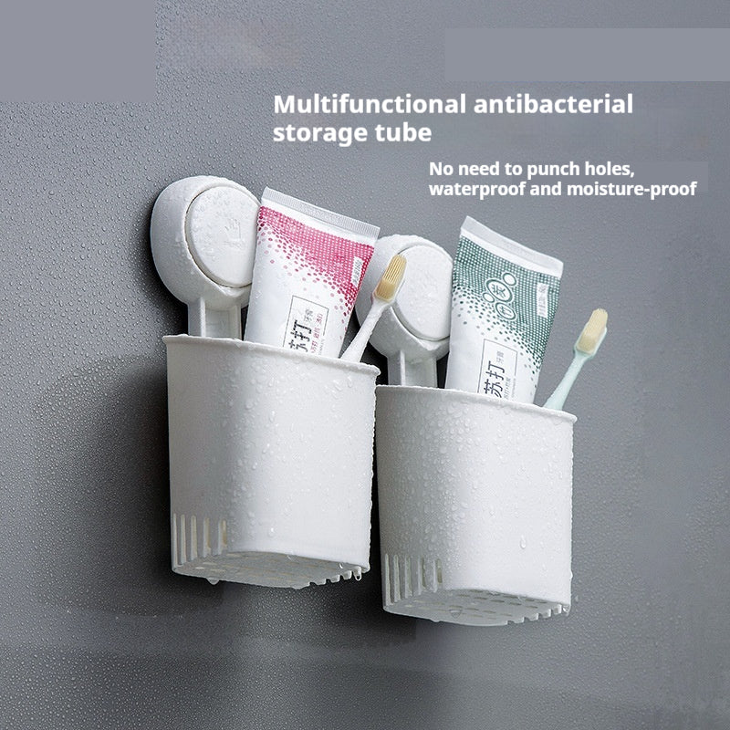 Wall-Mounted Toothbrush Holder with Suction Cups, 2-Layer Plastic Storage Box