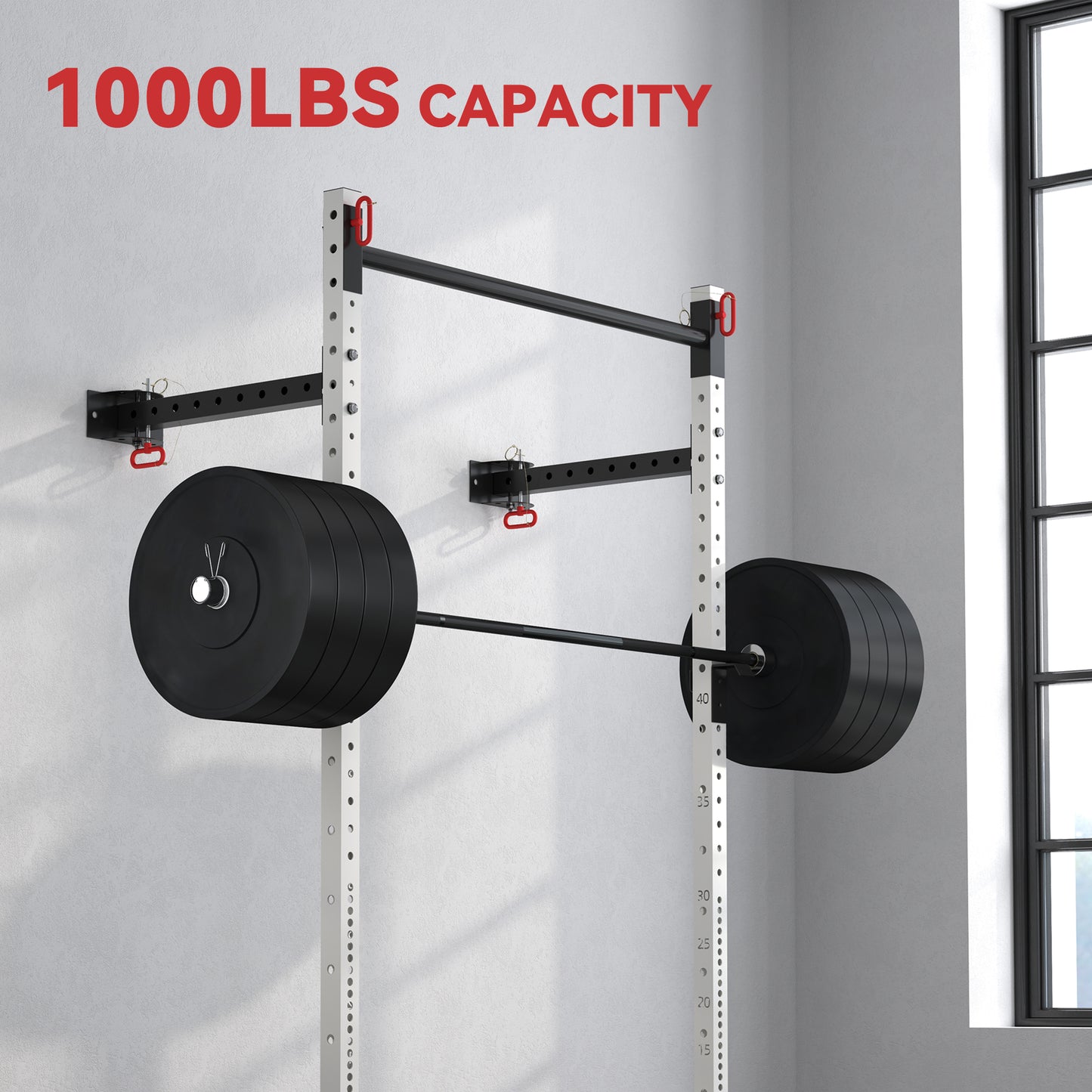 Folding Squat Rack with Pull Up Bar - Adjustable Wall-Mounted Design, 1000 lbs Capacity, White