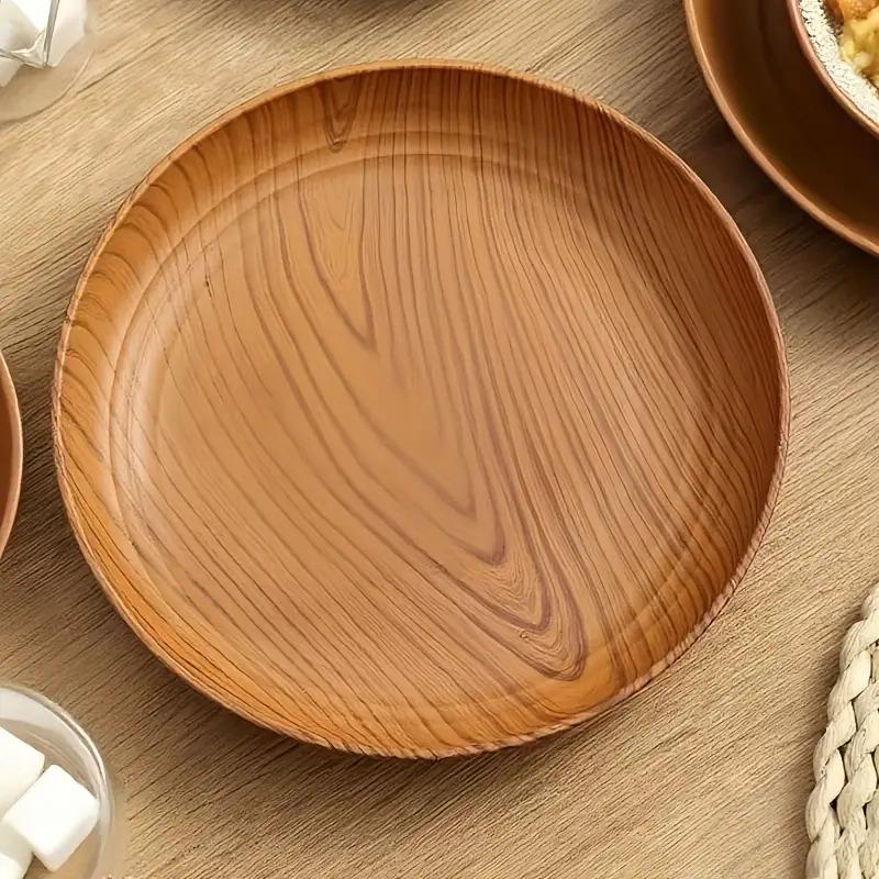 10 Creative Wood Grain Plastic Plates - Round Striped Design,