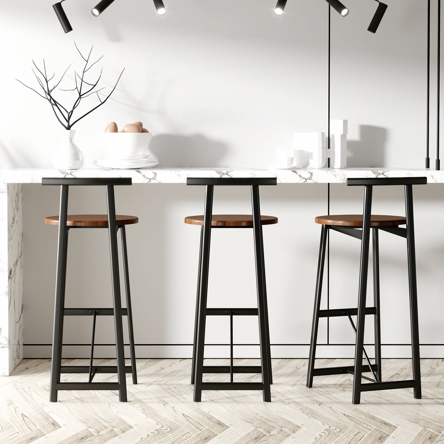 Bar Stool Set of 3 - Counter Height Armless Dining Chairs - Walnut Brown