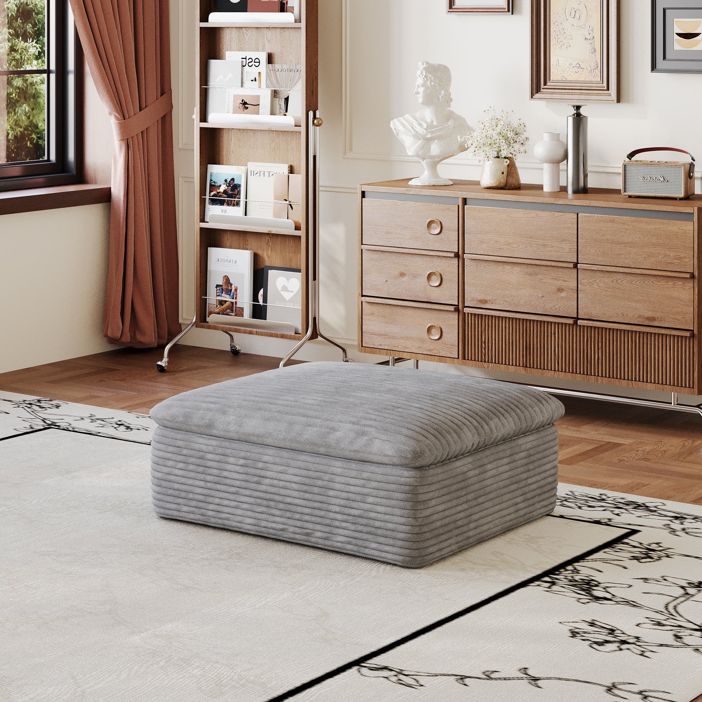 Modular Middle Seat with Ottoman - Grey Fabric