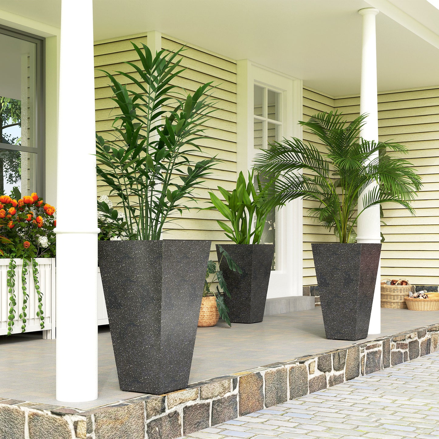 28-Inch Tall Plastic Planters Set of 3 with Marble Finish and Drainage Holes