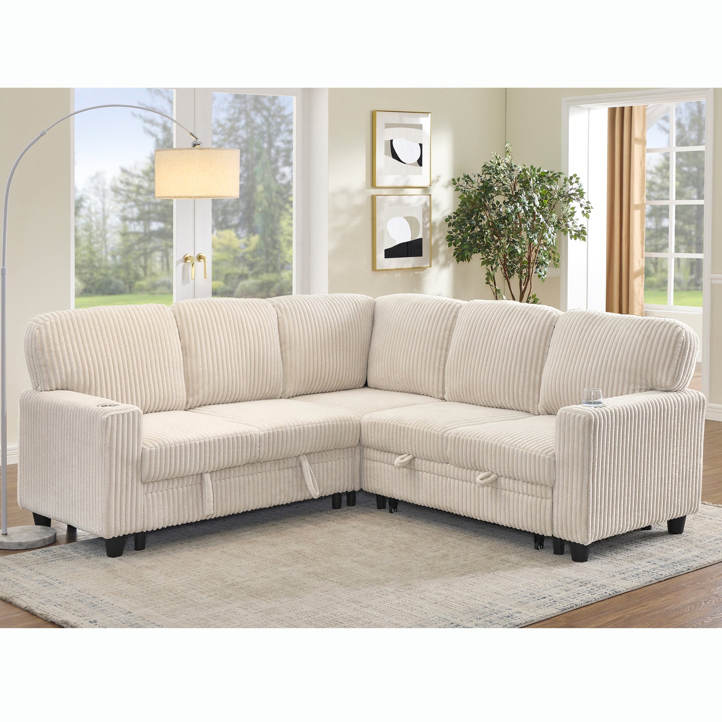 L-Shaped Sectional Sofa Bed with USB Charging & Storage - Beige