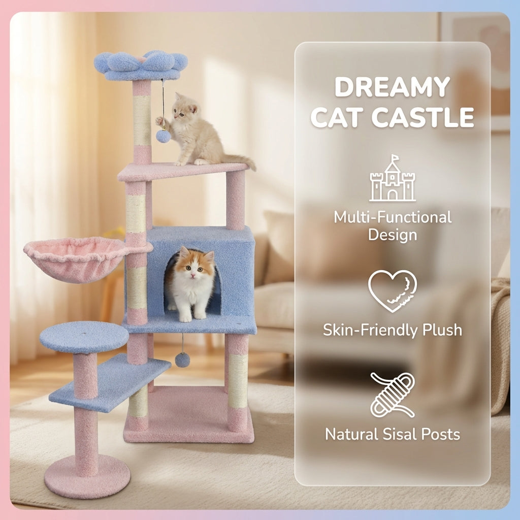 Flower Cat Tree with Large Condo, Removable Flower Cushion & Hammock - Blue