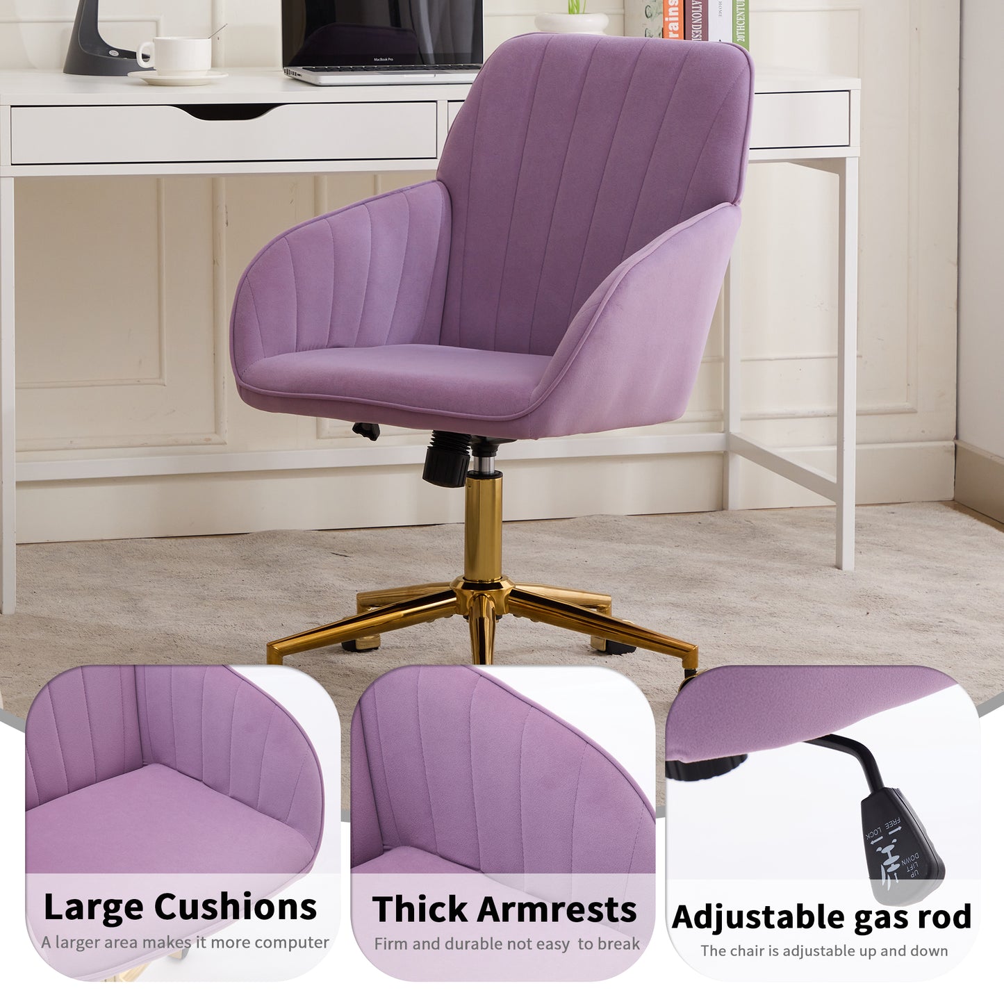 Ergonomic Adjustable Office Chair - Lilac Velvet Swivel Seat