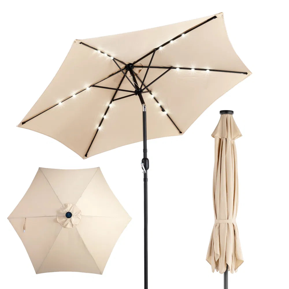 9ft Solar Patio Umbrella with LED Lights - Waterproof Beige
